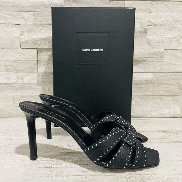 Saint Laurent Tribute Crackle Effect w/Studs Black Leather Stiletto Sandals Sz41 - Picture 4 of 16